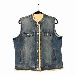Tribal Western Core Blue Lightly Distressed Denim Vest Cream Faux Fur Lining